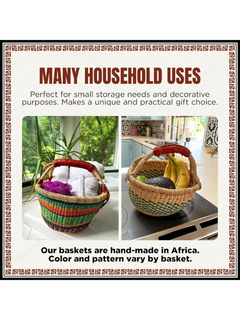 Handmade Colorful African Basket with Leather Handles - 10
